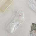 Witte katoenen damessokken met schattig roze geborduurd smiley-gezicht patroon - Eén maat / Roze Smiley
