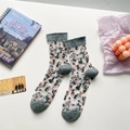 Japanese style sheer glass floral socks in gray and white with mesh flower embroidery - One Size / Dark Gray