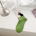 Grüne und cremeweiße Socken mit schwarzer Katzenstickerei und luck-Aufschrift - Einheitsgröße / 1 Paar / Grün