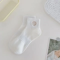 Breathable white ankle socks featuring a cute brown smiley face embroidery and ribbed texture - One Size / Khaki Smile Face