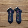 Navy blue cotton socks with white lace trim, floral embroidery and pearl accents - One Size / Navy Blue