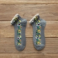 Gray cotton socks with vintage floral embroidery, white lace trim and pearl accents - One Size / Gray