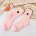 Detail of pink coral fleece socks with strawberry embroidery on cozy knit background - One Size / Light Pink (Strawberry Embroidery)