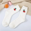 Close-up of white coral fleece socks with sweet cherry embroidery and soft texture - One Size / White (Cherry Embroidery)