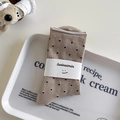 Khaki cotton mid-tube socks with black polka dots and ribbed knit texture in packaging - One Size / Khaki