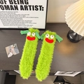 Funny green fuzzy socks in vibrant lime faux fur with quirky cartoon eyes and red lips - Size 34-42 / Green