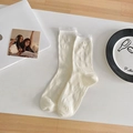Creamy white crew socks for women featuring delicate lace trim and heart jacquard pattern - White Heart