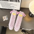 Fuzzy purple funny middle tube socks with cartoon face for home and sleeping - Size 34-42 / Purple