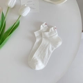 White low cut mesh ankle socks for women with red heart embroidery on the heel - Pure White