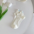 Milk white ankle socks with blue bow embroidery and delicate mesh texture design - Milk White