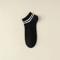 Men's low cut cotton ankle socks in black with sporty double white stripes on cuff - One Size / Black