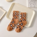 Thick warm coral fleece crew socks with leopard print pattern for winter home wear - One Size / Caramel color