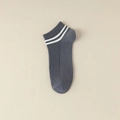 Men's dark grey low cut boat socks featuring dual white stripes and ribbed cotton blend - One Size / Gray