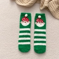 Thick coral fleece socks in dark green with Santa Claus motif and white fuzzy pom-poms - One Size / Green Stripes