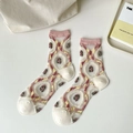 Sheer crystal mesh crew socks with pink ribbed cuffs and colorful floral embroidery - One Size / Flower Garland