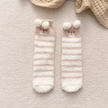 Cute beige striped fuzzy coral fleece socks with 3D ears and bear embroidery - One Size / Beige Striped