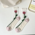 Pink tulip floral mesh sheer mid-calf socks with transparent crystal silk fabric - One Size / Single Large Tulip