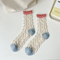 Sheer glass silk crew socks with blue contrast toe and pink ruffled hem design - One Size / Tree Pattern