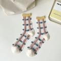 Sheer mesh crew socks with pink and blue plaid pattern and yellow contrast trim - One Size / Plaid