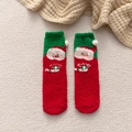 Winter fluffy coral fleece Christmas socks featuring Santa Claus pattern and white pom-poms - One Size / Santa Claus