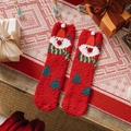Thick coral fleece Christmas socks in red featuring snowman and tree decorations - One Size / Red 3D Snowman Tree Style (Pattern 13)