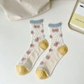 Chaussettes transparentes en verre cristal pour femmes avec motif floral rose et accents - Taille unique / Pois