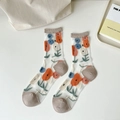 Chaussettes en soie de verre transparentes avec motifs floraux et bords côtelés beige - Taille unique / Floral Partout - Revers Kaki