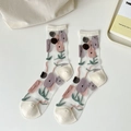 Chaussettes transparentes pour femmes avec imprimés fleurs tulipes beige et rose - Taille unique / Floral Partout - Revers Blanc