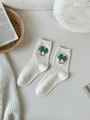 Calze a metà polpaccio in cotone bianco crema con ricamo ad albero e filato screziato - Taglia unica / Stile Albero Verde (1)