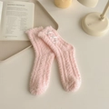 Soft pink coral fleece mid-calf socks with white satin bows for warm winter home wear - One Size / Flesh Pink