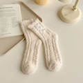 Thick coral fleece mid-calf socks in cream white with decorative ribbon bows - One Size / Light Khaki