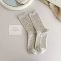 Speckled retro white crew socks with vertical ribbing and a cartoon dog tag detail - One Size / Beige