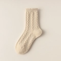 Thick warm winter socks in cream beige fleece with a classic cable knit pattern - One Size / Light Khaki