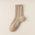 Thick beige cable knit warm socks for women with delicate ruffled cuffs for winter - One Size / Khaki