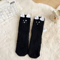 Thick black coral fleece sleeping socks with cartoon cat ears and cute face design - One Size / Black