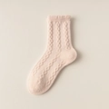 Thick pink plush thermal socks for women with cable knit pattern and ruffled trim cuffs - One Size / Pink