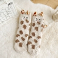 Winter fuzzy coral fleece socks with cute 3D cat ears and embroidery in beige - One Size / Off White
