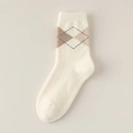 Creamy white plush socks for women with vintage brown argyle pattern for winter - White Quilted