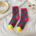 Fuzzy pink and green striped coral fleece socks with yellow toe for winter home wear - Dark Green Stripes
