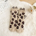 Leopard print coral fleece socks with cat ears and embroidery for winter warmth - One Size / Khaki