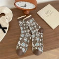 Calze vintage marroni in cotone con motivi floreali blu e bordi in pizzo color beige - Taglia unica / Floreale Caffè