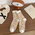 Calze beige retrò con motivi floreali viola e delicati bordi in pizzo bianco da donna - Taglia unica / Beige Floreale