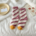 Pink and purple striped coral fleece thermal socks with warm yellow toe detail - Dark Purple Stripes