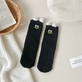 Thick black coral fleece mid-tube socks with cute cartoon frog embroidery and white pom-poms - One Size / Black