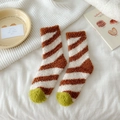Coral fleece socks with brown stripes and green toe detail for winter warmth - Red Coffee Stripe