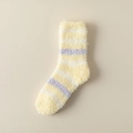Thick coral fleece home socks featuring pastel white, yellow and purple horizontal stripes - One Size / Light Yellow