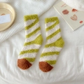 Green and white striped coral fleece socks with brown contrast toes for women - Autumn Green Stripes