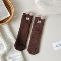 Cute dark brown plush thermal socks with cartoon embroidery and 3D ears detail - One Size / Brown