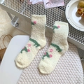 Plush cream-colored mid-calf coral fleece socks featuring pink floral knit patterns - Dachshund Style