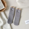 Plush grey cartoon thermal socks with cute 3D ears and funny embroidered eyes - One Size / Gray